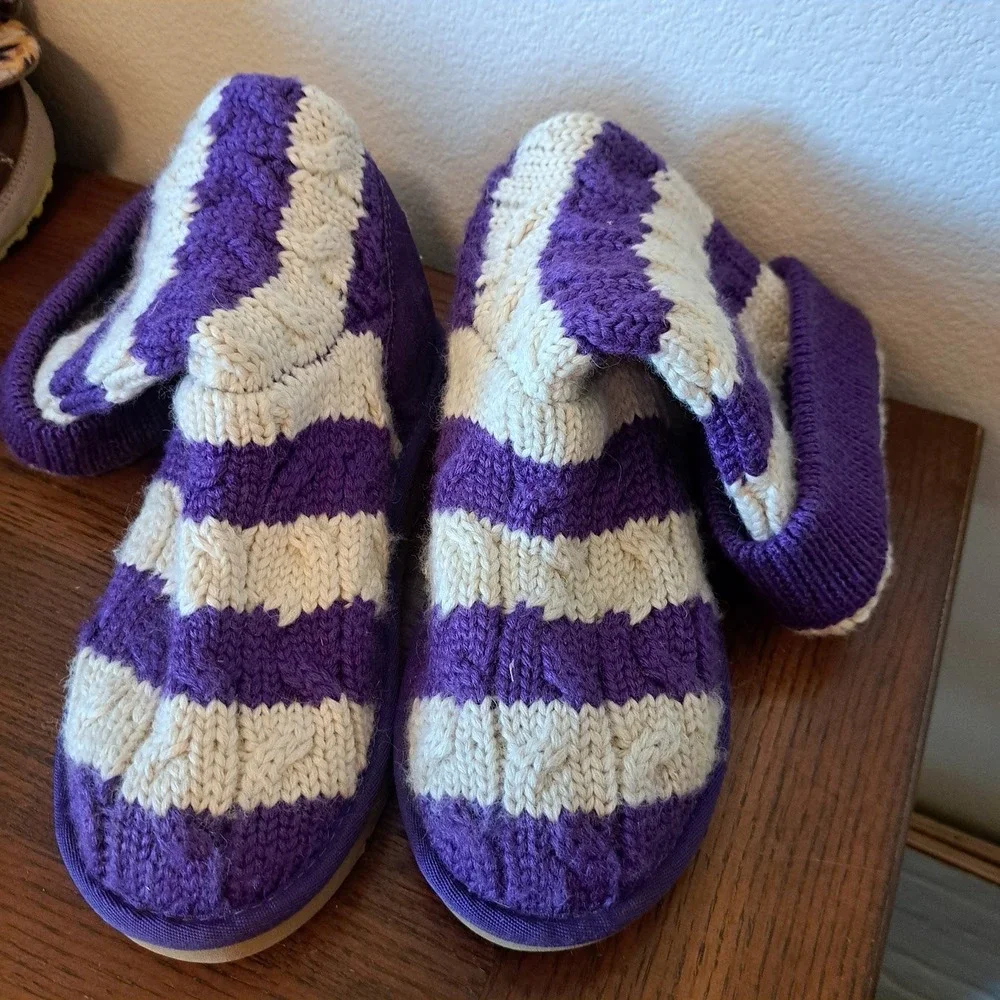 UGG Australia Classic Cardy Purple Cream Striped Knit Boots 5996 Womens 4